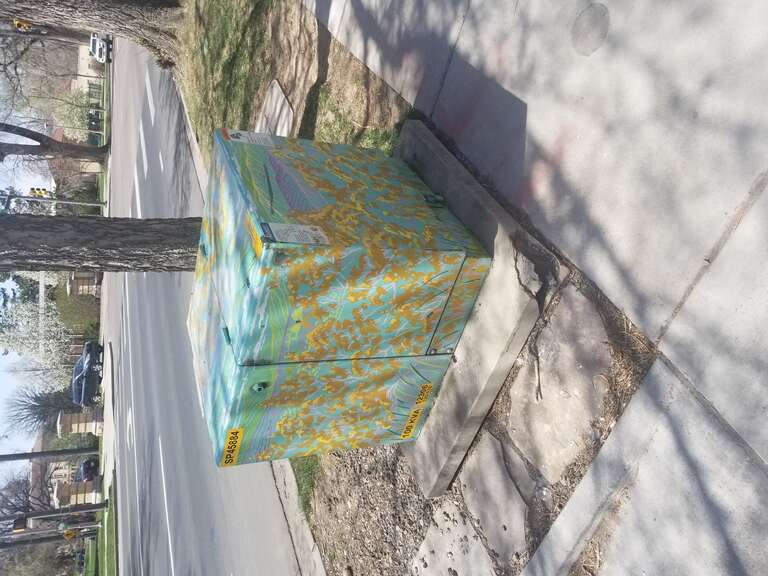&quot;Poetry&quot; by Susannah Franklin
Painted street cabinet in Fort Collins, Colorado, United States, depicting rabbitbrush prairie
Created for 2015 Art in Public Spaces program operated by City of Fort Collins
Cabinet has label with power rating of 100