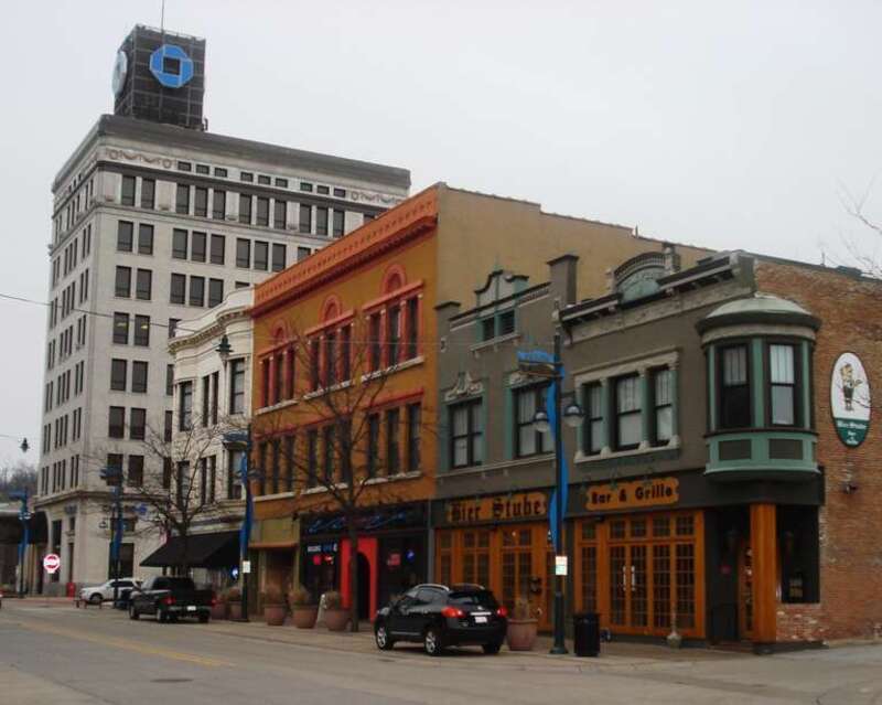 Historic downtown Moline, Illinois. First National Bank Building, now Chase Bank was designed by Olaf Z. Cervin.