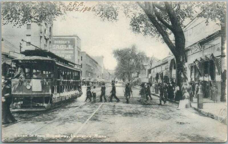 Divided back postcard of a Lowell-bound streetcar on Essex Street at Broadway in Lawrence, postmarked 1906