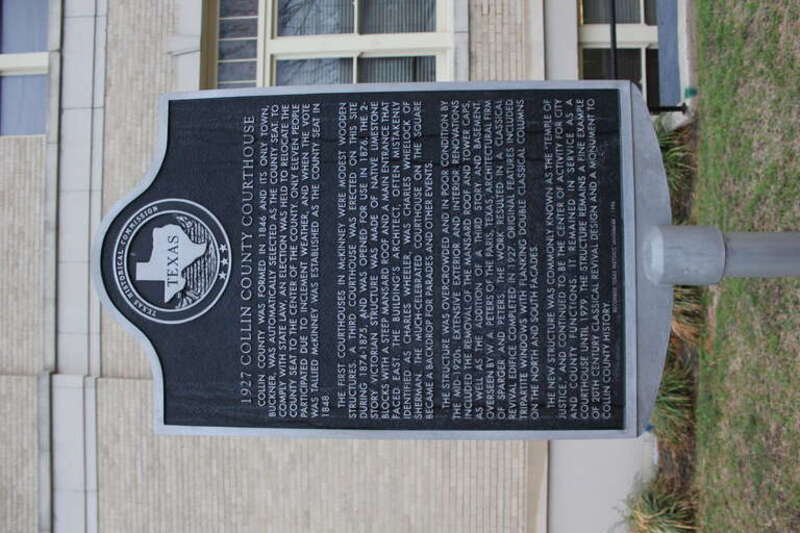 Collin County was formed in 1846 and its only town, Buckner, was automatically selected as the county seat. To comply with state law, an election was held to relocate the county seat to the center of the county. Only eleven people participated due to