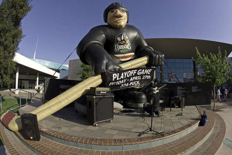 20-foot tall hockey player outside Rabobank Arena