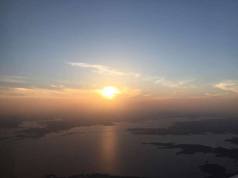 View west across Lewisville Lake, Texas near sunset from a plane traveling from Washington Dulles International Airport to Dallas-Fort Worth International Airport