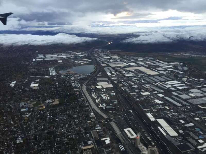 View east towards Interstate 80 and the city of Sparks, Nevada from an airplane taking off from Reno–Tahoe International Airport