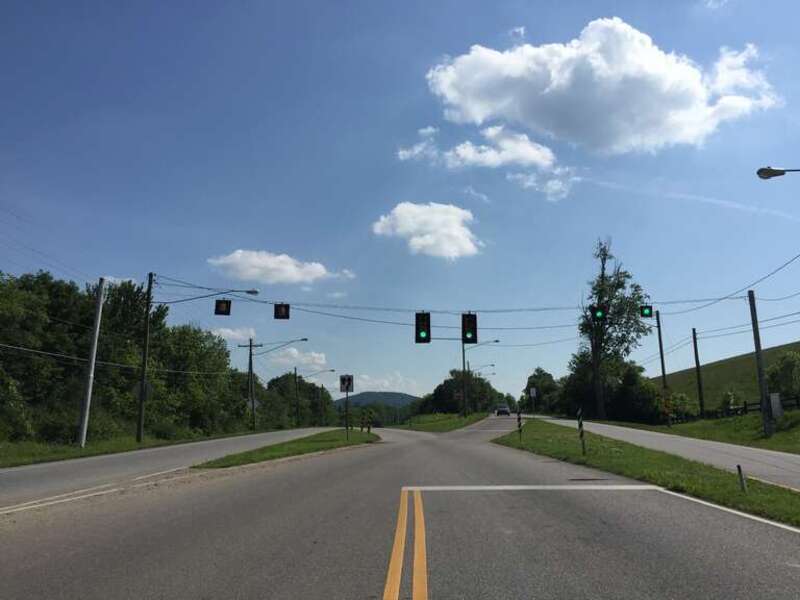 View south along U.S. Route 11 (Commerce Road) at the junction with U.S. Route 11 Business (North Augusta Street) in Staunton, Virginia
