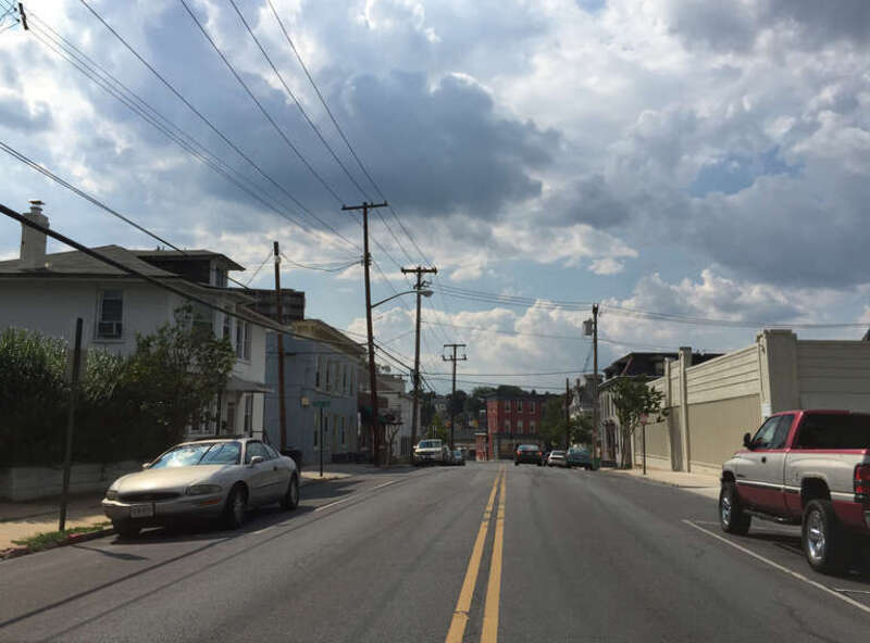 View west along U.S. Route 40 Alternate (Baltimore Street) between Locust Street and Potomac Street in Hagerstown, Washington County, Maryland