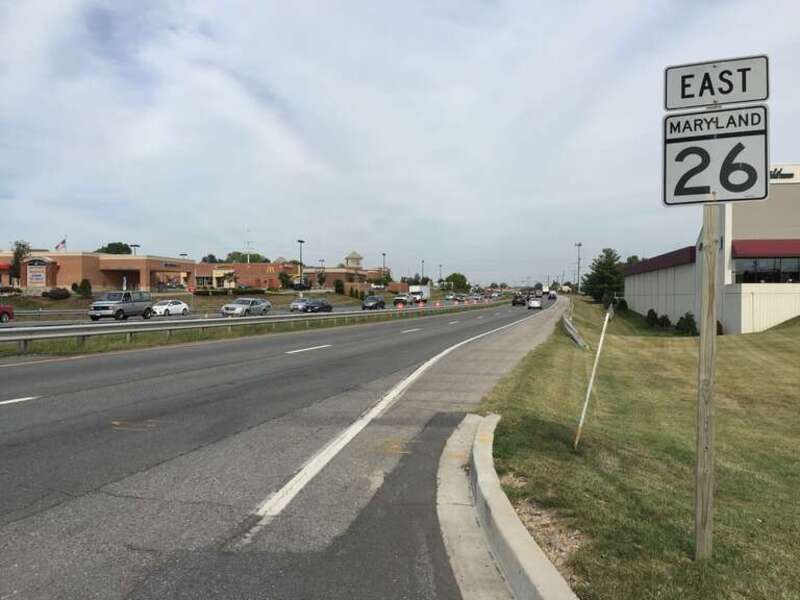 View east along Maryland State Route 26 (Liberty Road) at Routzahn Way in Frederick, Frederick County, Maryland
