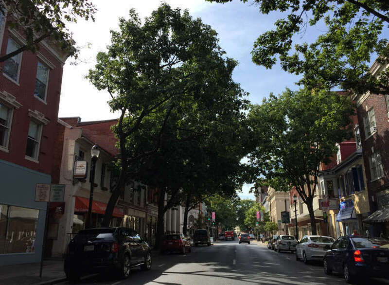 View west along Maryland State Route 144 (Patrick Street) between Maxwell Avenue and Market Street in Frederick, Frederick County, Maryland