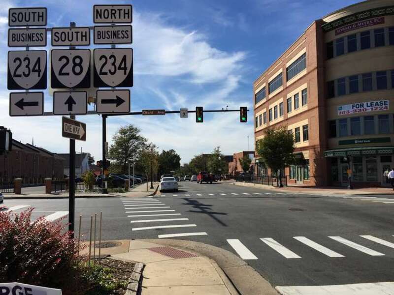 View south along Virginia State Route 28 (Church Street) at Virginia State Route 234 Business (Grant Avenue) in Manassas, Virginia