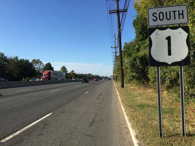 View south along U.S. Route 1 (Brunswick Pike) at Carnegie Center Boulevard in West Windsor Township, Mercer County, New Jersey