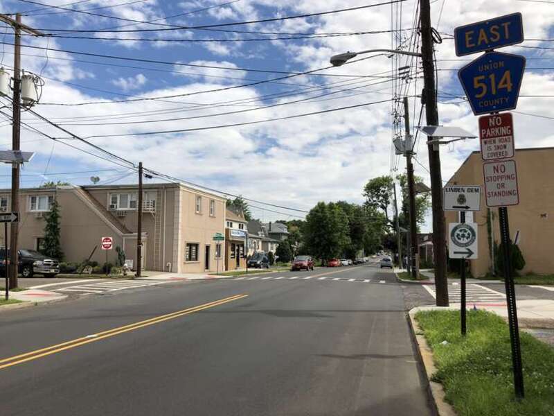 View east along Union County Route 514 (Elizabeth Avenue) at Donaldson Place in Linden, Union County, New Jersey