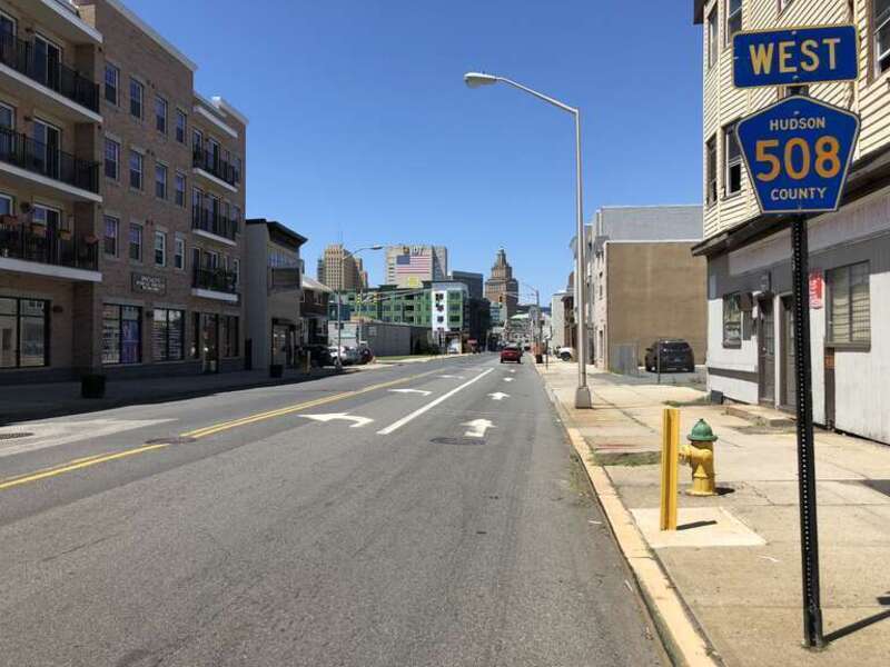 View west along Hudson County Route 508 (Harrison Avenue) just west of Interstate 280 (Essex Freeway) in Harrison, Hudson County, New Jersey