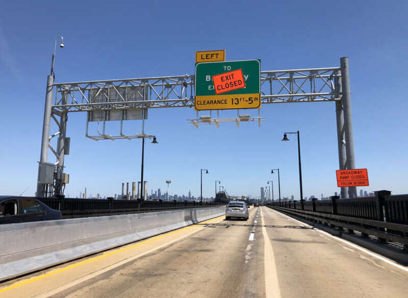 View north along U.S. Route 1 and U.S. Route 9 (Pulaski Skyway) between the Passaic River and the Hackensack River in Kearny, Hudson County, New Jersey