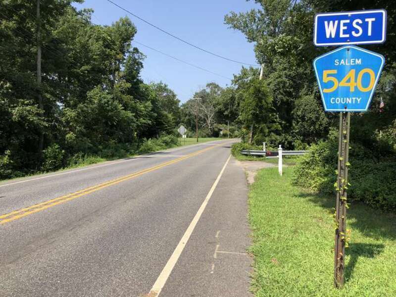 View west along Salem County Route 540 (Almond Road) just west of Salem County Route 645 (Parvins Mill Road) in Pittsgrove Township, Salem County, New Jersey