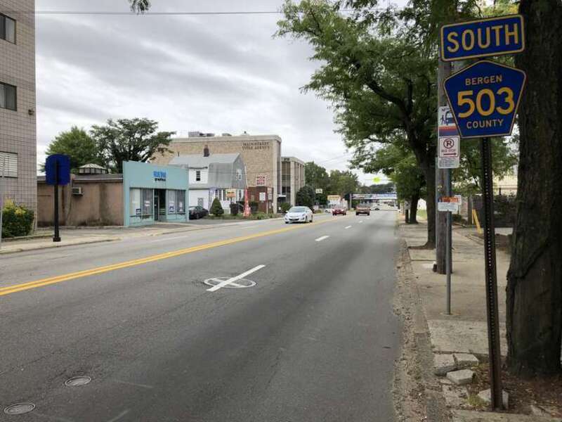 View south along Bergen County Route 503 (River Street) at Salem Street in Hackensack, Bergen County, New Jersey