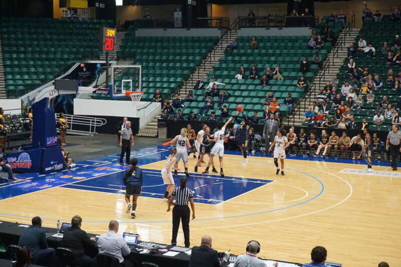 In-game action during the Texas A&amp;amp;M–Commerce Lions vs. West Texas A&amp;amp;M Buffaloes women's basketball game at the 2018 Lone Star Conference Women's Basketball Championship at the Dr Pepper Arena in Frisco, Texas (United States). West Texas