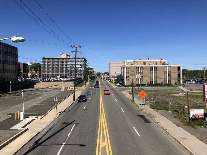 View north along Bergen County Route 503 (River Street) from the overpass for the rail line between Mercer Street and Midtown Bridge Approach in Hackensack, Bergen County, New Jersey