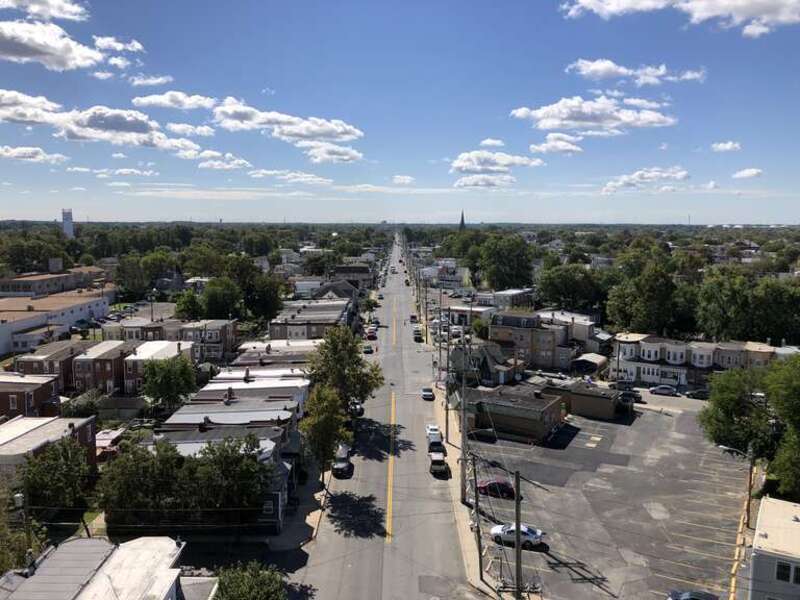View south along Camden County Route 551 (Broadway) from the overpass for Interstate 76 (Walt Whitman Bridge) in Gloucester City, Camden County, New Jersey