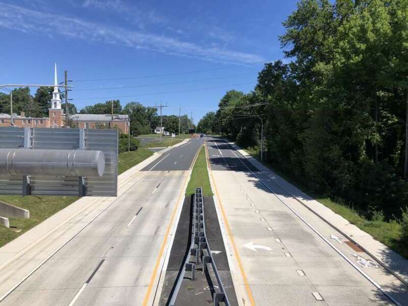 View north along Delaware State Route 3 (Marsh Road) from the overpass for the rail line just north of Interstate 95 (Wilmington Expressway) in Carrcroft, New Castle County, Delaware