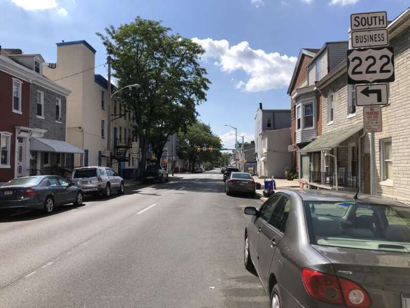 View south along U.S. Route 222 Business (Chestnut Street) at Wood Street in Reading, Berks County, Pennsylvania
