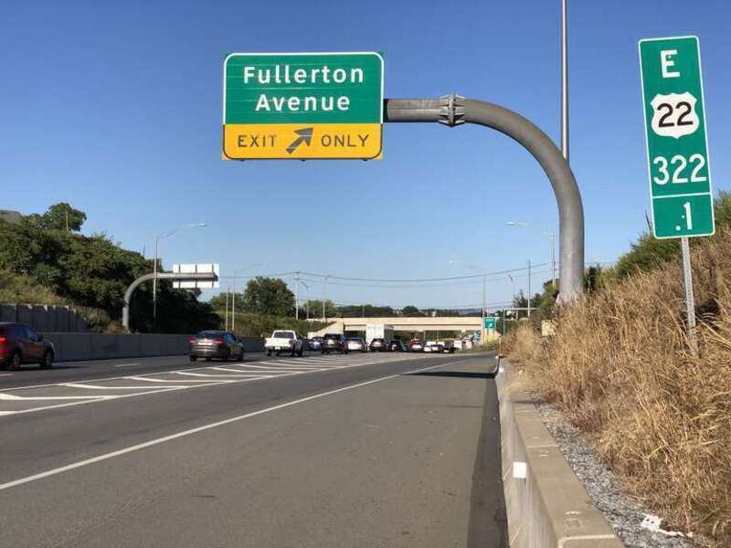 View east along U.S. Route 22 (Lehigh Valley Thruway) at the exit for Fullerton Avenue in Whitehall Township, Lehigh County, Pennsylvania