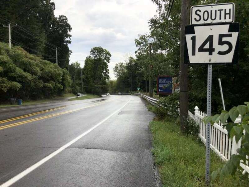 View south along Pennsylvania State Route 145 (Pike Avenue) just south of Rock Road in Upper Saucon Township, Lehigh County, Pennsylvania