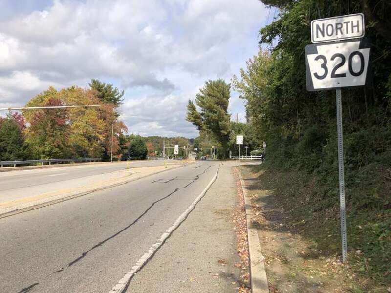 View north along Pennsylvania State Route 320 (Sproul Road) just north of Baltimore Pike in Springfield Township, Delaware County, Pennsylvania