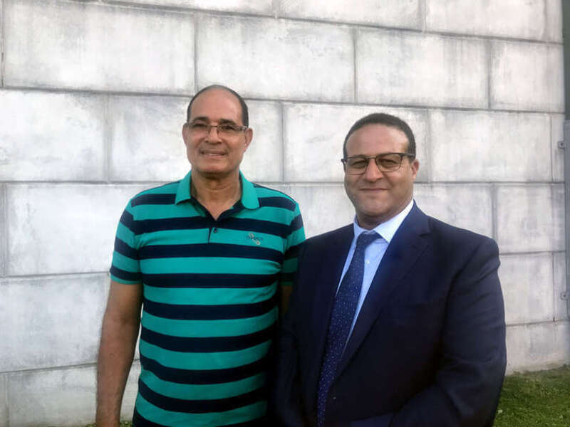 From left to right: Retired Moroccan footballer and manager Ezzaki Badou and Consul General of Morocco in New York Abdelkader Jamoussi at the Moroccan Cultural Day Festival at José Martí STEM Academy in Union City, New Jersey, on July 31,
