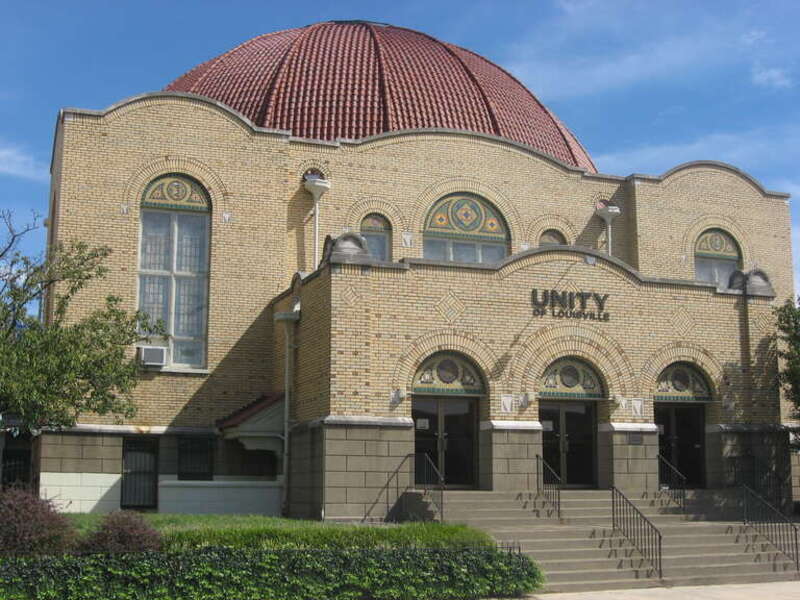 Front of the former Adath Jeshurun Temple (now Unity of Louisville), located at 757 S. Brook Street in Louisville, Kentucky, United States.  Built in 1918, it and a related former school are listed together on the National Register of Historic
