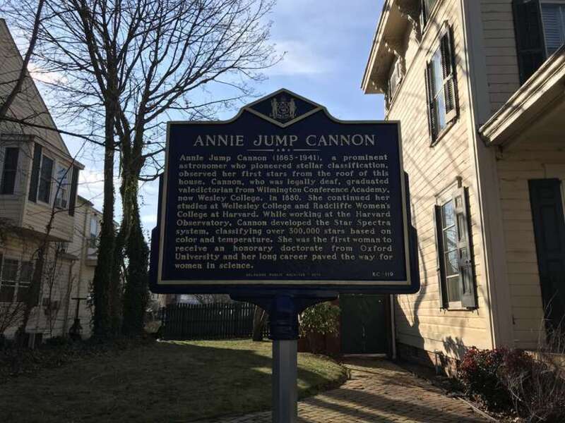 Photo of the Annie Jump Cannon marker, issued by the State of Delaware. The marker is in Dover, Delaware at the building where Cannon first observed stars from its roof. The building is now owned by Wesley College, the alma mater of Cannon.