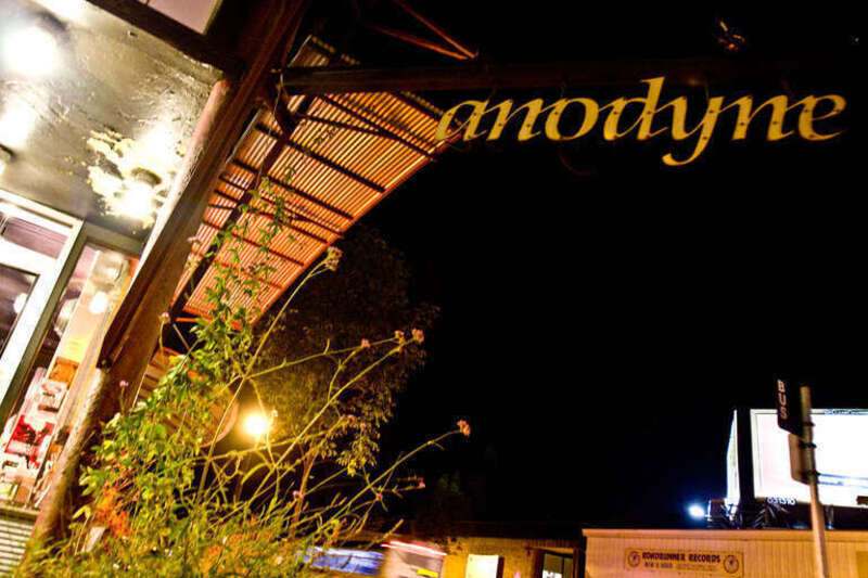 The exterior of Anodyne Café along Nicollet Avenue in South Minneapolis in 2009 at night.