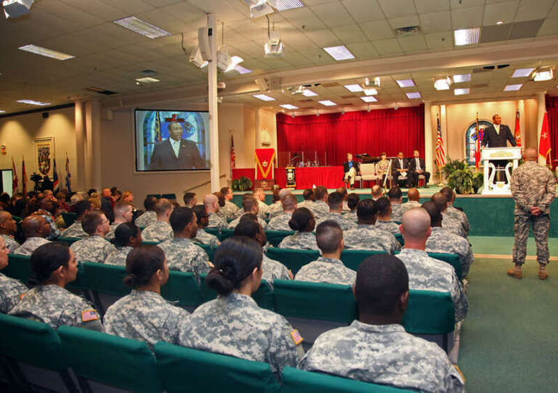 AUGUSTA, Ga., Feb. 10, 2013 - Georgia District 4 commissioner Alvin Mason addresses the Soldiers, family members and guests of Georgia Army Guard’s 878th Engineer Battalion.

(Georgia Army National Guard photo by Sgt. 1st Class Roy Henry / Released)