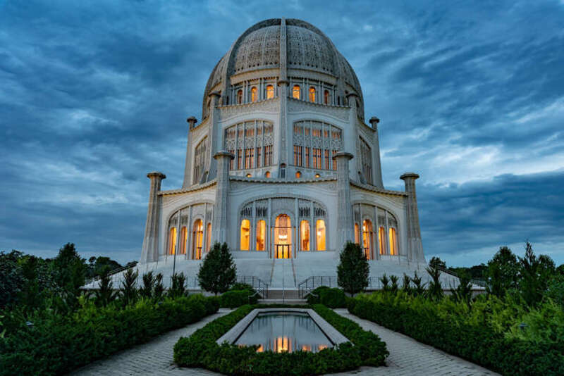 The Baha'i Temple (Wilmette, Illinois) seen at dusk on August 28th 2018