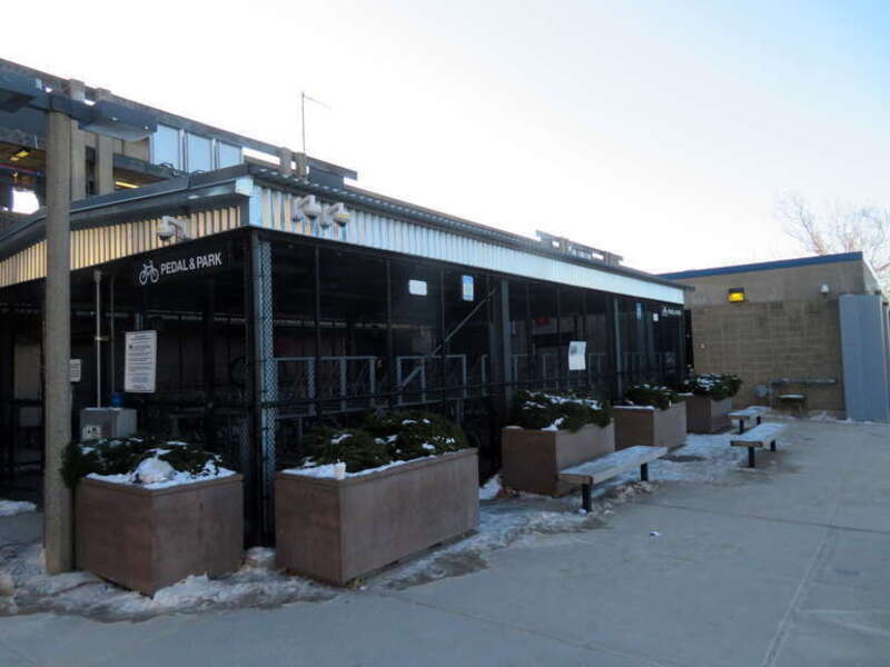 Bicycle cage at Malden Center station in December 2019