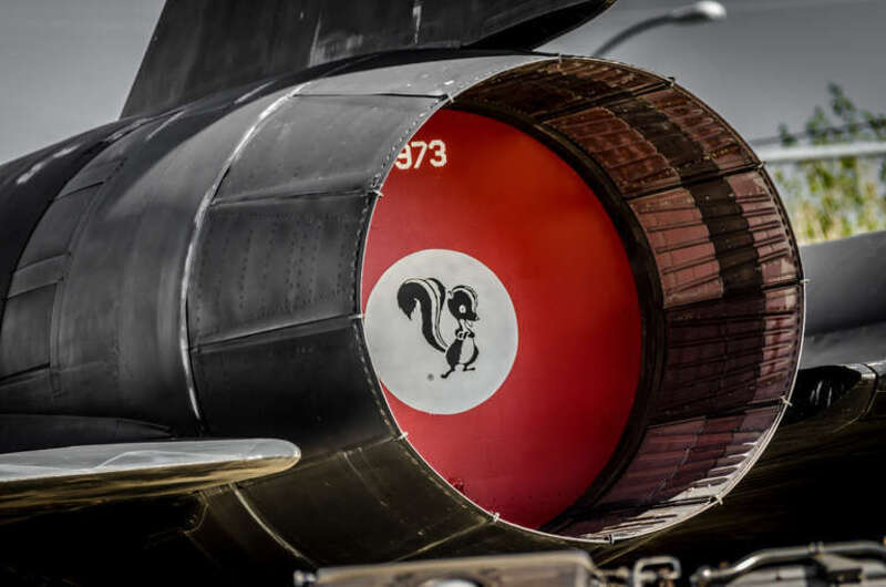 This is one of the two rear exhaust nozzles of the Airpark's SR-71 Blackbird. With the big J58 engines removed the exhaust is capped off with this red protective cover. It displays the logo of the Skunk Works - the advanced and secretive division of
