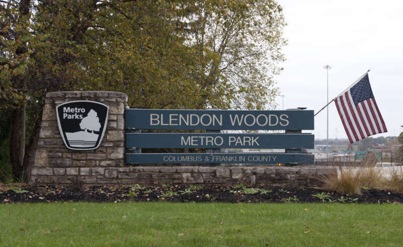 Blendon Woods Metro Park Entrance Sign taken in early November. Ohio State Route 161 can be seen in the background.