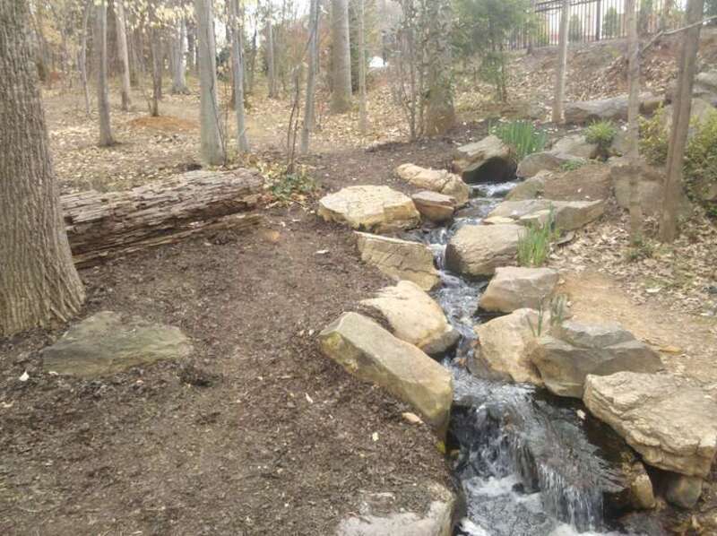 Photo of the path leading to the Dr. Joe Christian Serenity Falls located at The Bog Garden in Greensboro, NC, USA.