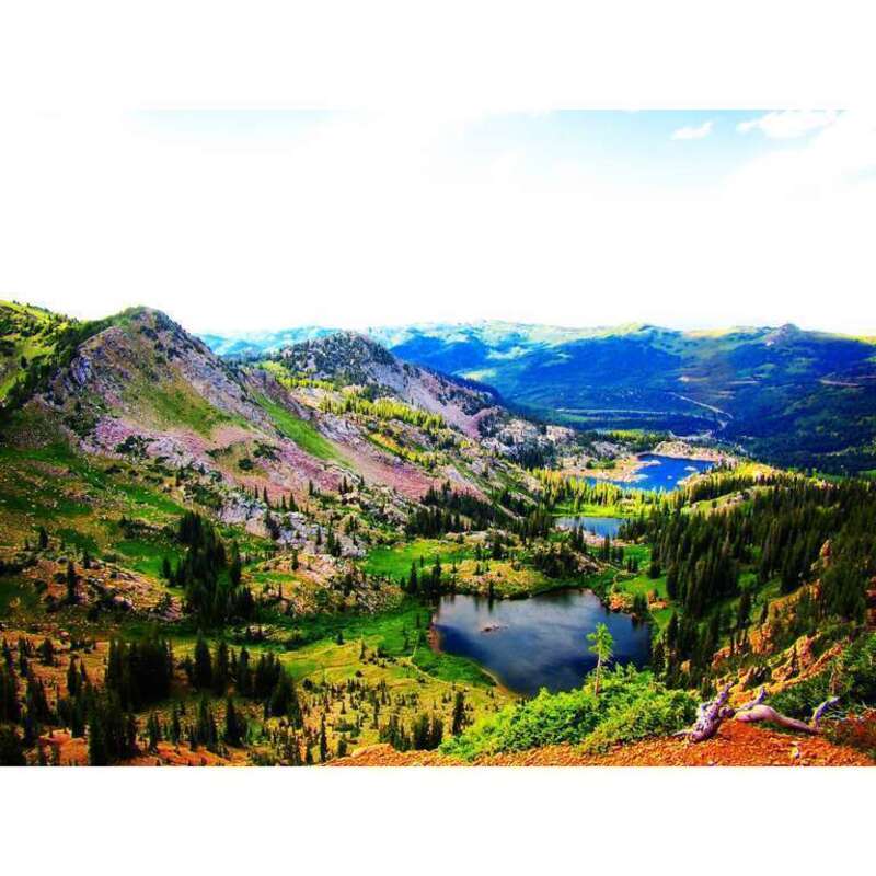 The 3 Sisters Lakes, Lake Catherine, Margaret, and Mary in Brighton, UT as seen from the summit of Sunset Peak. Big Cottonwood Canyon. Not even a cloudy day can steer this view away from being beautiful. Summit of Sunset Peak, Big Cottonwood Canyon,