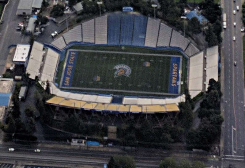 CEFCU Stadium, or Spartan Stadium, at San Jose State University, and neighborhood, California, aerial from the southwest