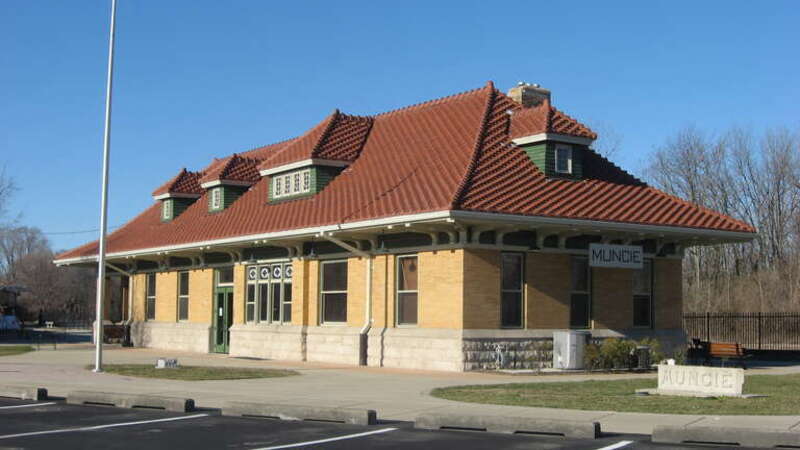 Front and eastern end of the Cincinnati, Richmond, &amp;amp; Muncie Depot, located just northwest of the junction of Wysor and Vine Streets in Muncie, Indiana, United States.  Built in 1901, it is listed on the National Register of Historic Places.