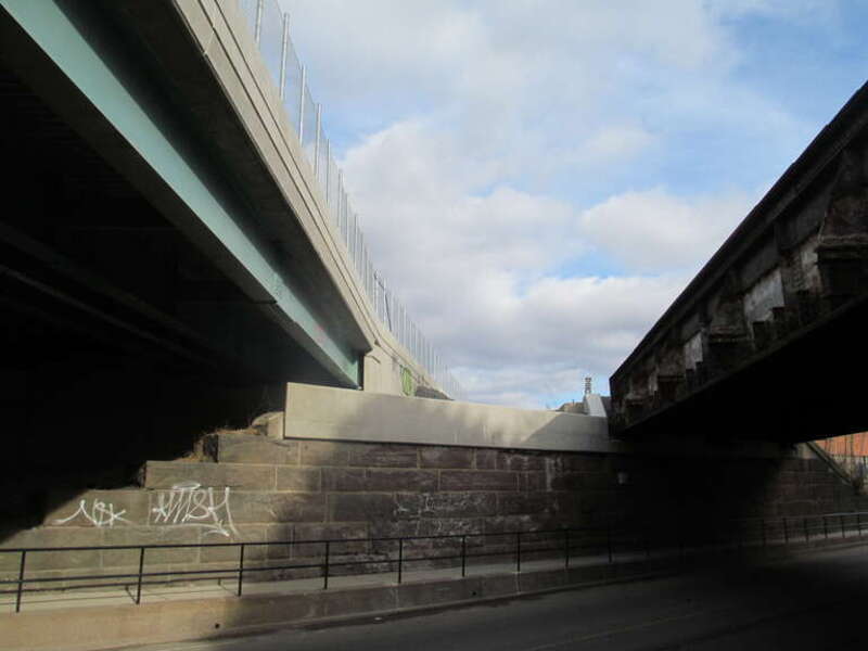CTfastrak (left) and Springfield Line bridges over Park Street in Hartford in December 2014