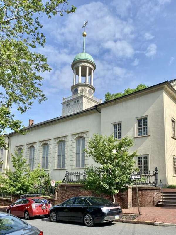 Built between 1803 and 1806, this Classical Revival-style church was built to serve the Moravian community in Bethlehem, which settled in the area during the mid-18th Century.  The building features a simple stucco-clad exterior with six-over-six and