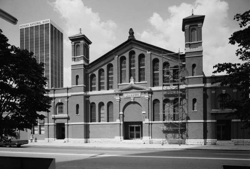 Front of City Market, located at 222 E. Market Street in Indianapolis, Indiana, United States.  Built in 1886, it is listed on the National Register of Historic Places.