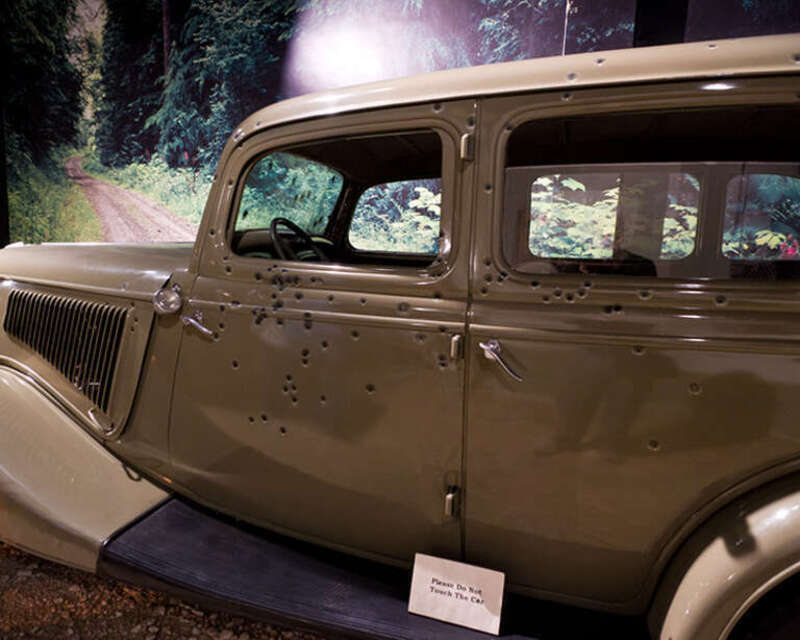 The Buckhorn Hall of Horns in San Antonio shares space with the Texas Ranger Museum. This display represents the car in which Bonnie Parker and Clyde Barrow were riding when Rangers ambushed them on a road in Louisiana. It could be the actual car,