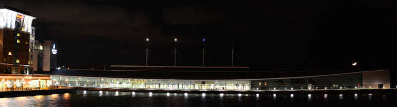 Night shot of the Bayfront Convention Center near downtown.