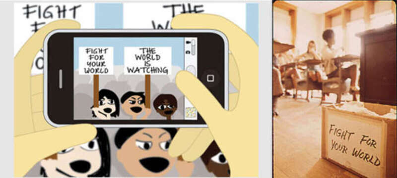 'Then' Documerica Photo: June, 1972 &quot;Children in Fort Smith [Arkansas] are Learning That Protecting the Environment Will Take More Than Awareness&quot; by Jim Olive. 
'Now' Image:  “iRevolution,” by Anna Lee of San Francisco, CA. Her submission, inspired