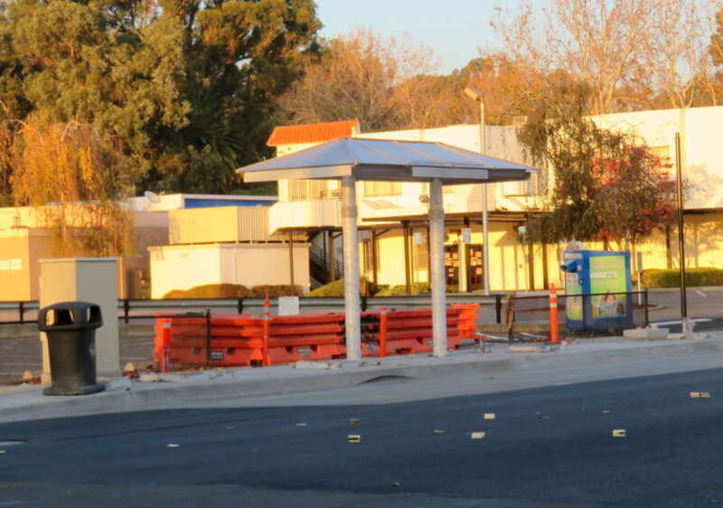Eastbound side of Downtown San Leandro station of East Bay Bus Rapid Transit under construction in December 2018