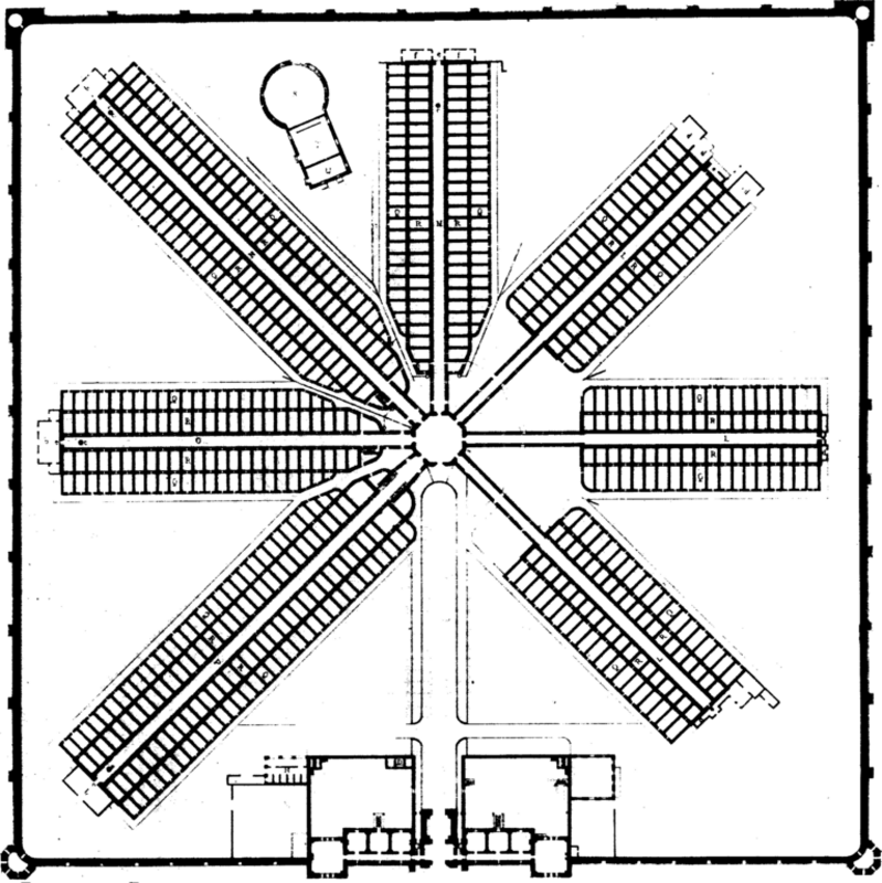 The 1836 floor plan of the Eastern State Penitentiary in Philadelphia, Pennsylvania