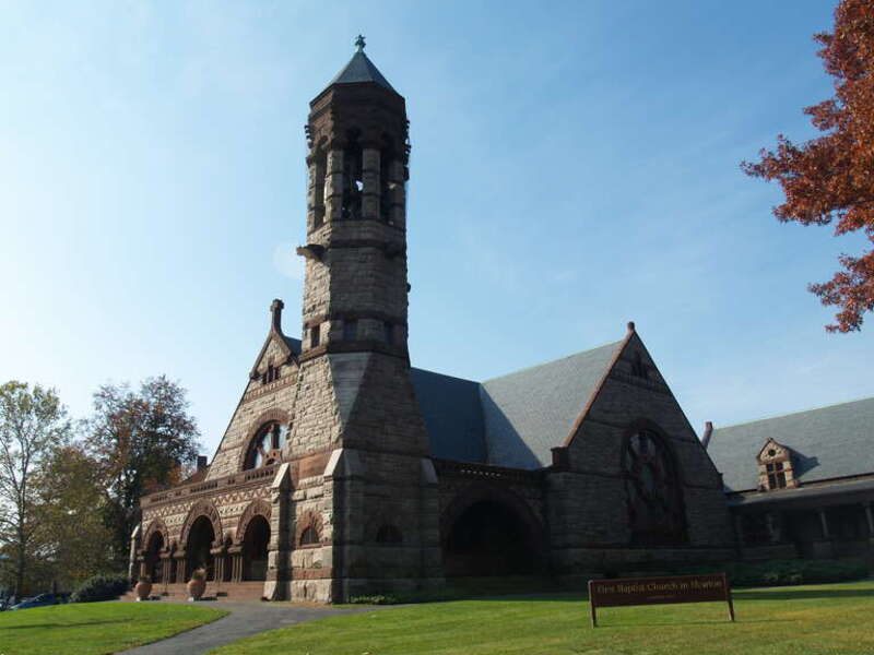 Photo of the outside of First Baptist Church in Newton taken from the corner of Beacon St. and Center St. in Newton, Massachusetts