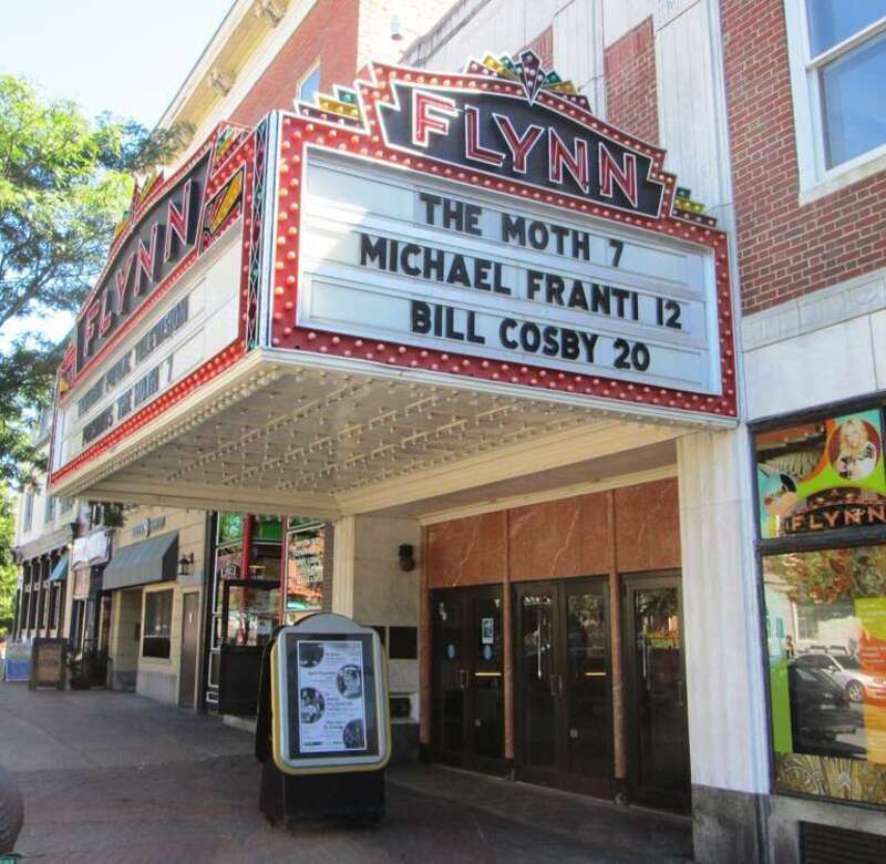 The marquee of the Flynn Theatre on Main Street in Burlington, Vermont, part of the Flynn Center for the Performing Arts.
