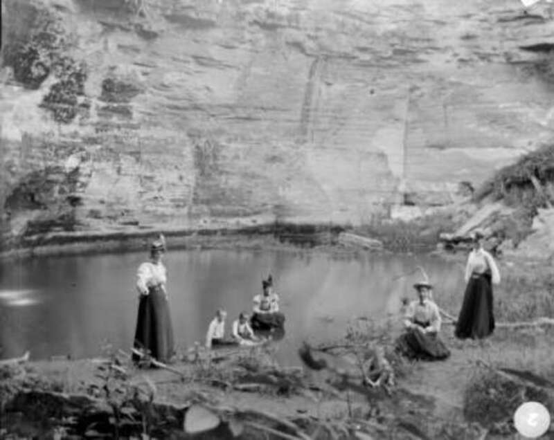 1898 visitors in Minneopa Gorge below Minneopa Falls, Blue Earth County, Minnesota, USA.  Image courtesy of Waseca County Historical Society, uploaded with permission.